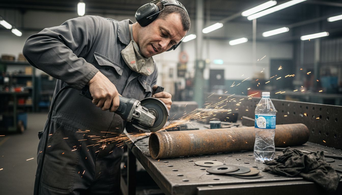 Technician grinding rusty pipe indoors
