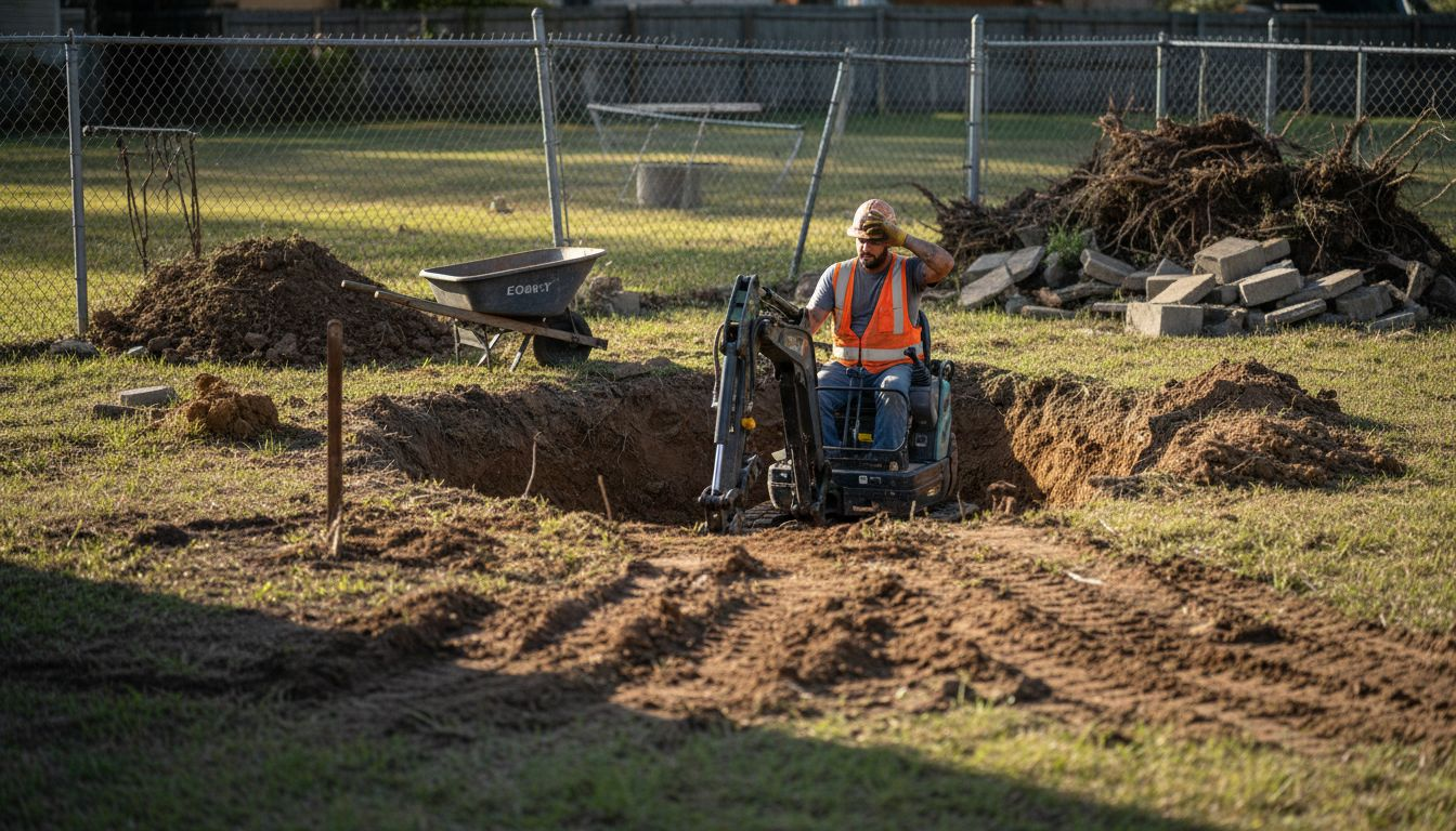 Excavator digging pool hole in backyard