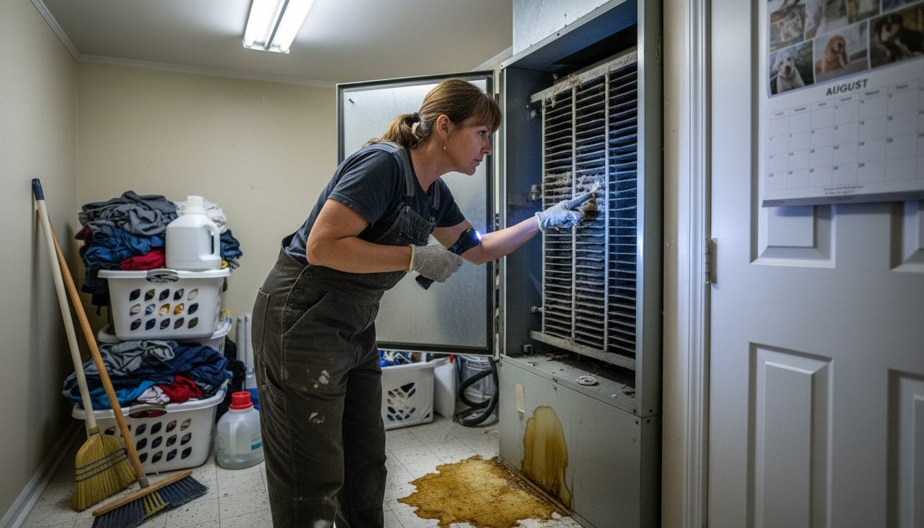 Inspecting dusty HVAC coils in laundry room