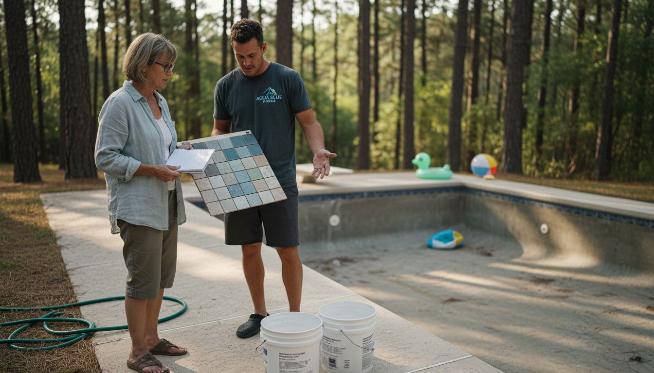 Reviewing pool material samples poolside