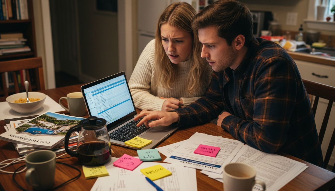 Couple reviewing pool construction budget