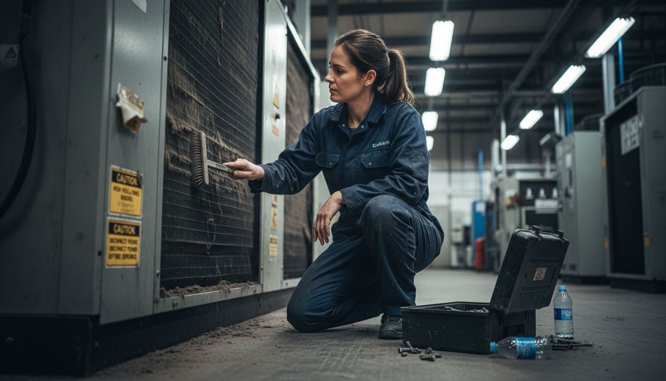 Worker cleaning industrial HVAC condenser coils
