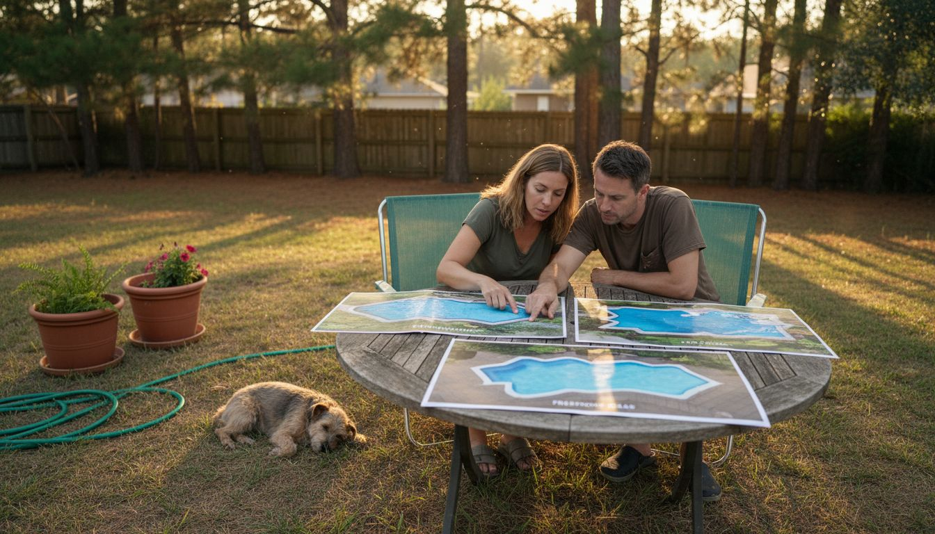Homeowners choosing pool design with plans