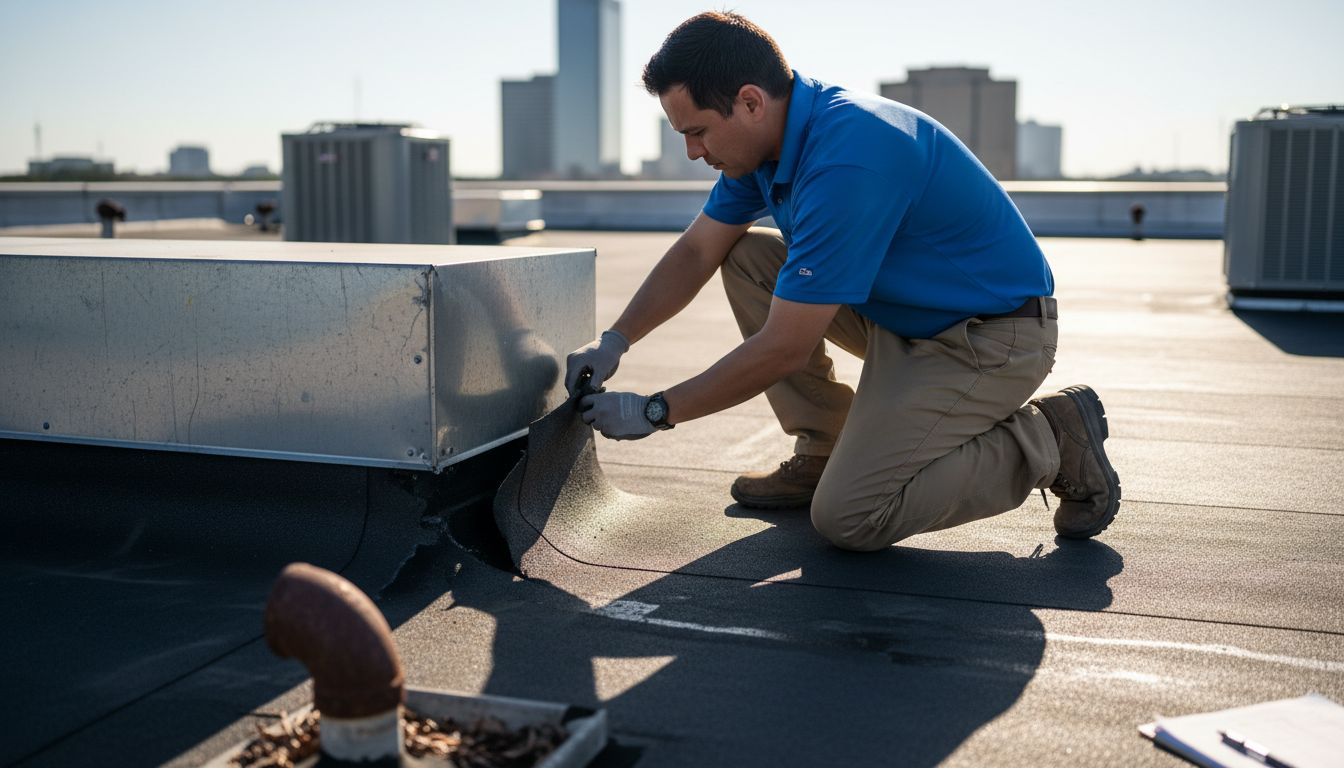 Manager inspecting EPDM roof membrane for damage