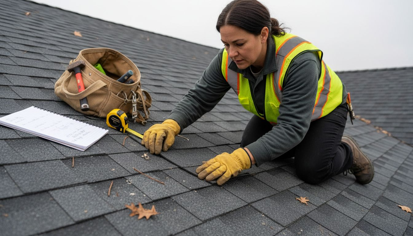 Person pressing on lifted roof shingle