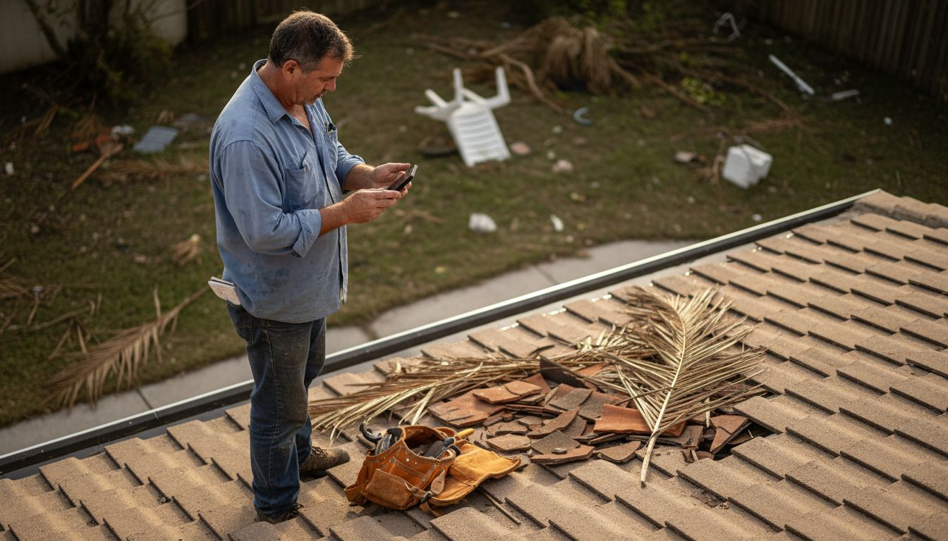 Roofer documenting Florida storm roof damage