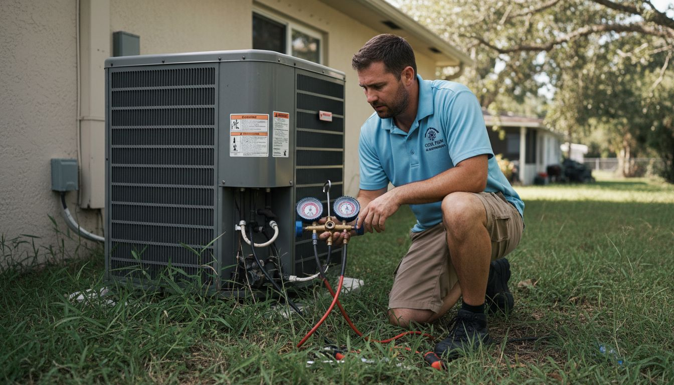 Certified technician inspecting outdoor AC unit