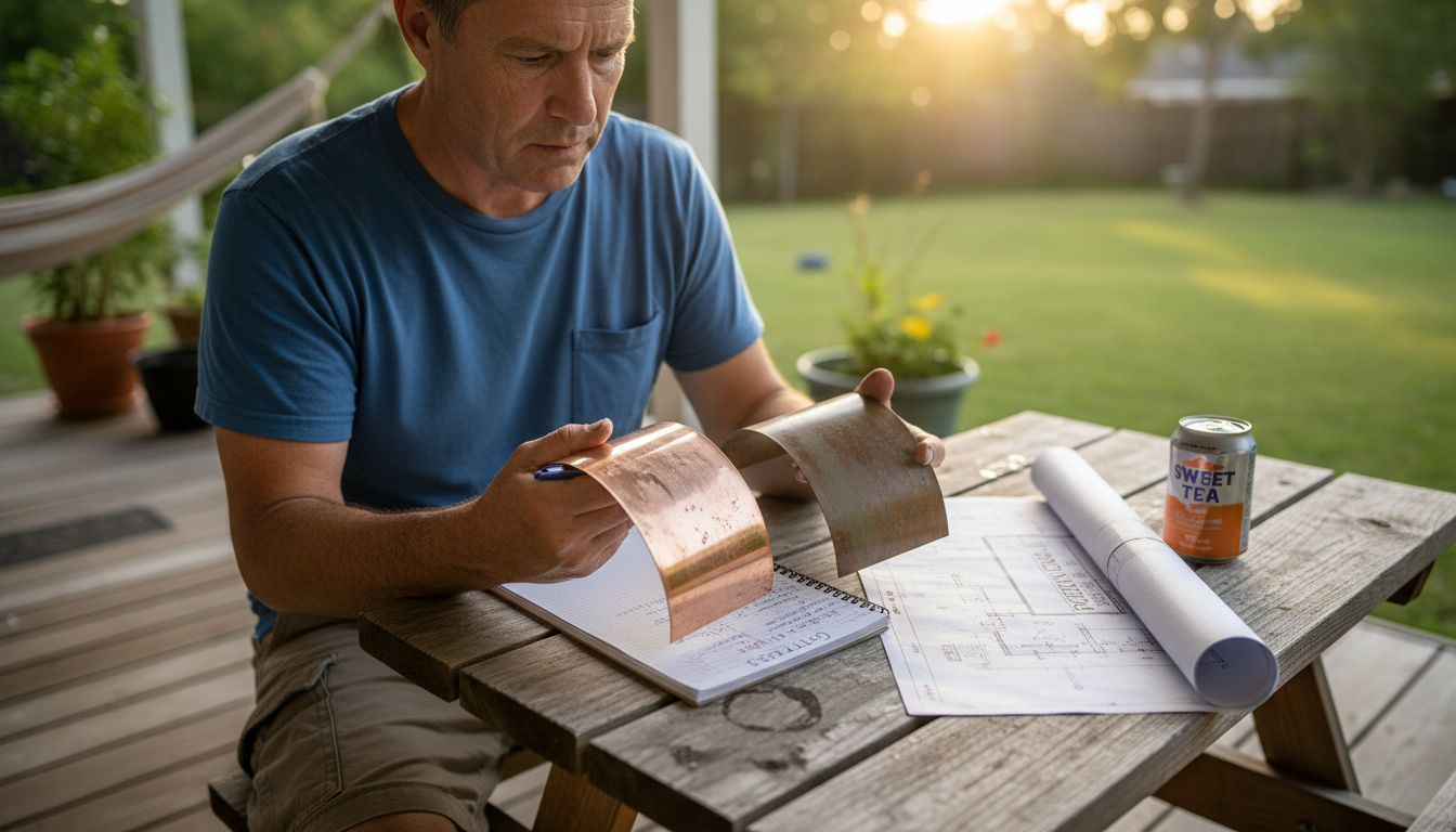 Homeowner comparing copper gutter samples