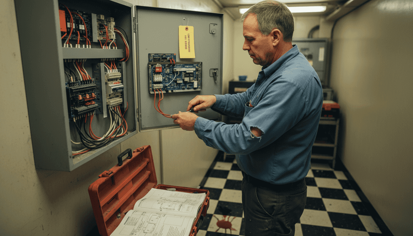 Technician updating fire alarm inspection wiring