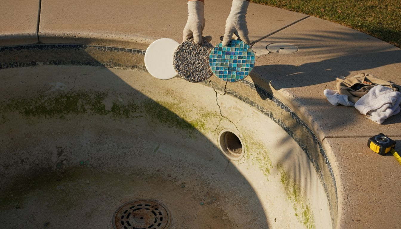 Close-up of pool finish samples and damaged surface