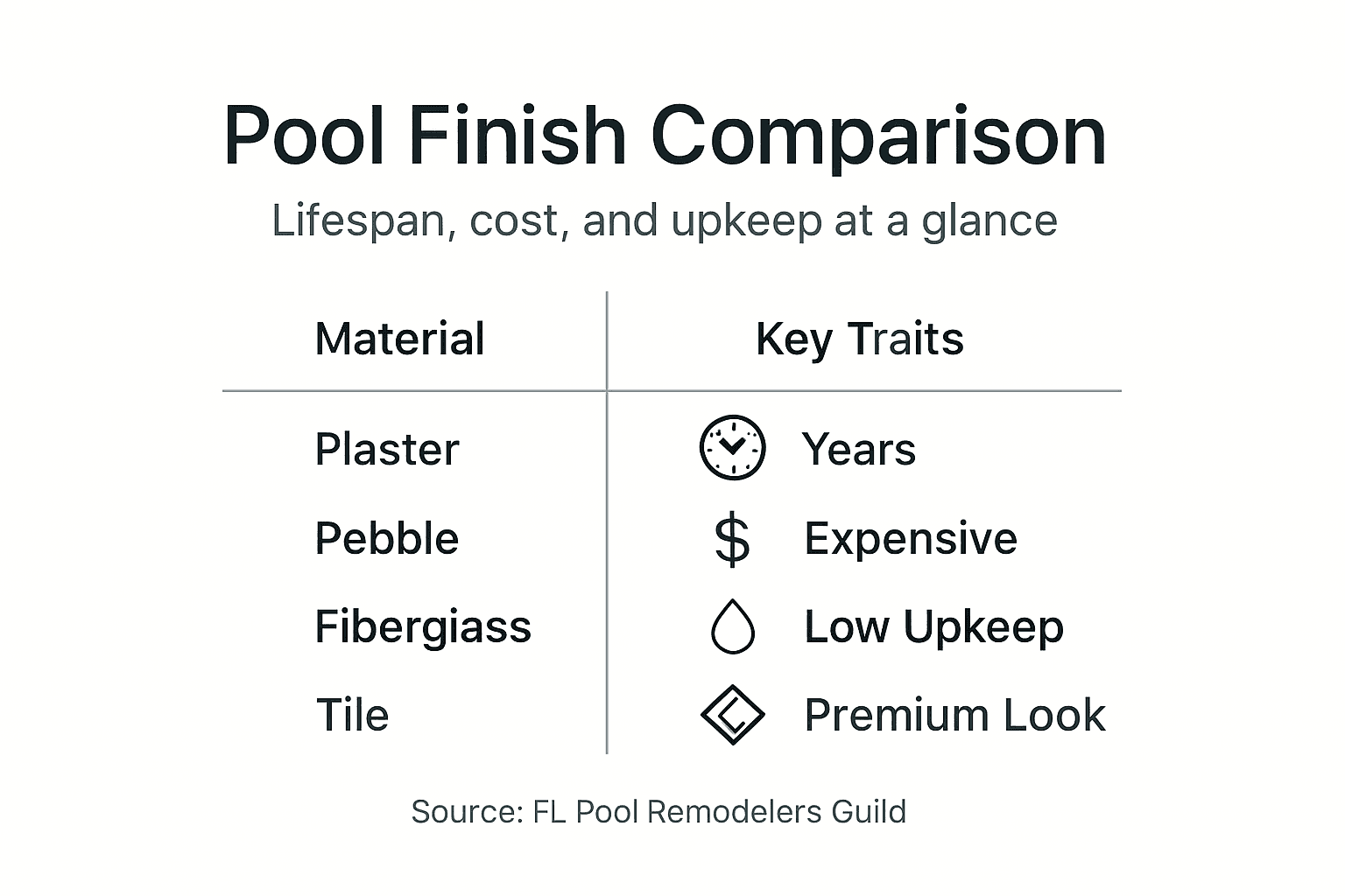 Infographic comparing pool finish options and traits