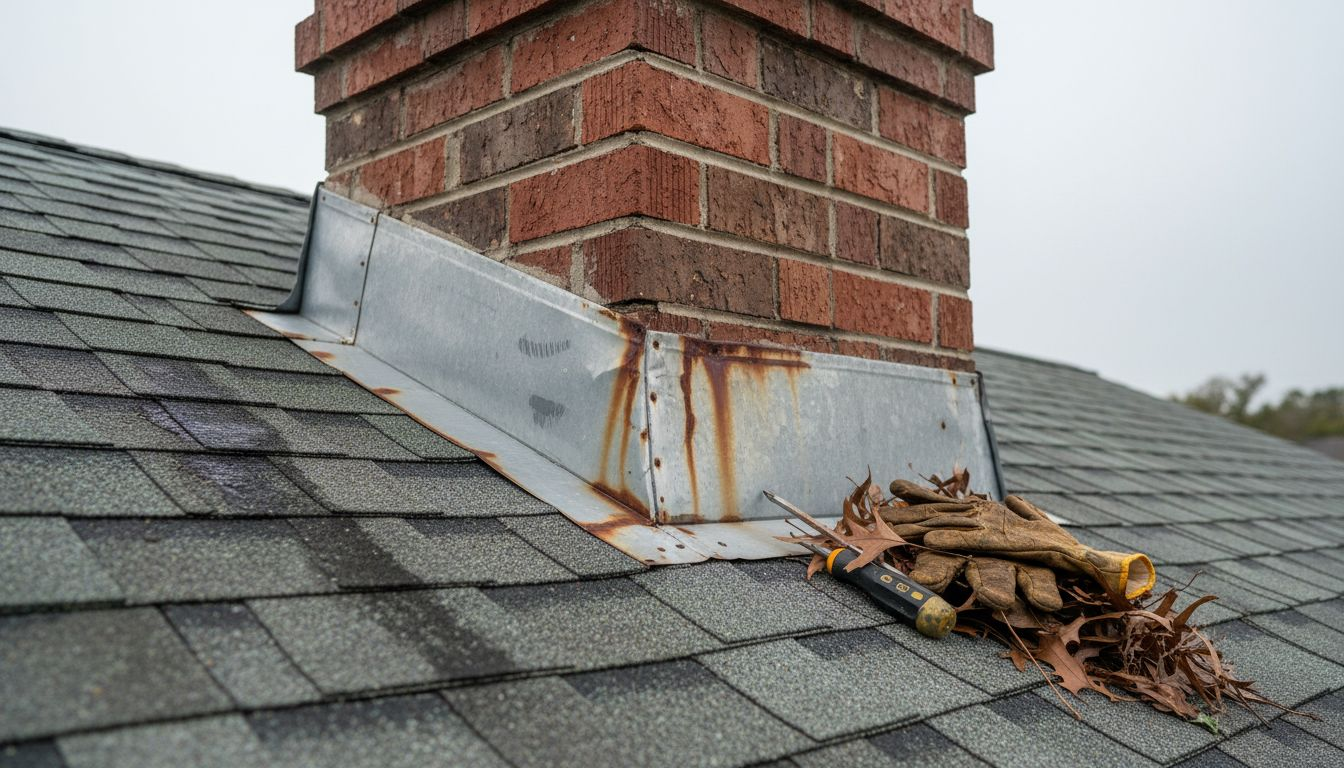 Closeup of aging roof flashing rust leak