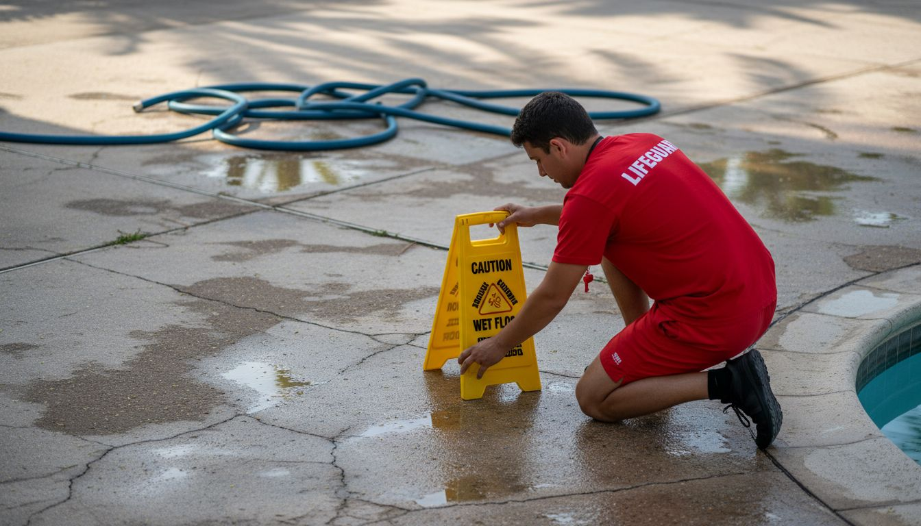 Lifeguard addresses slip hazard at worn pool edge