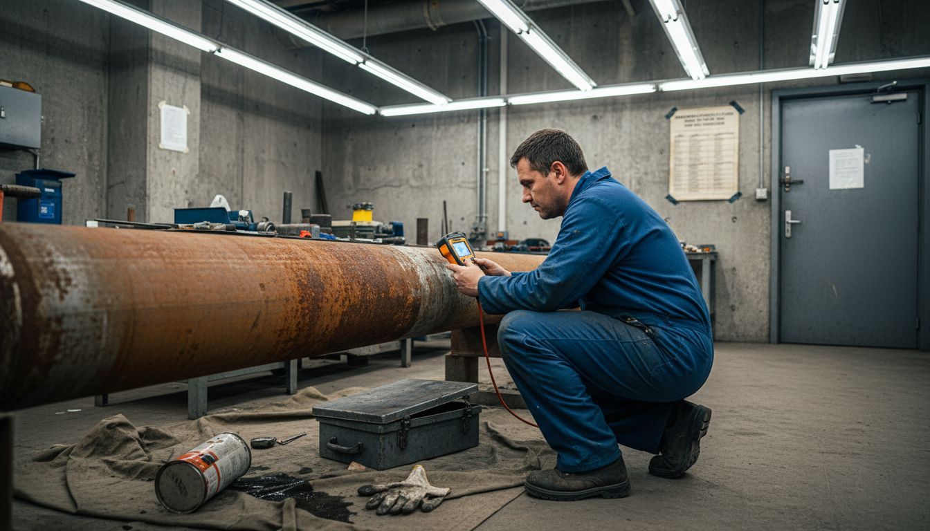Technician prepping pipe for certified coating