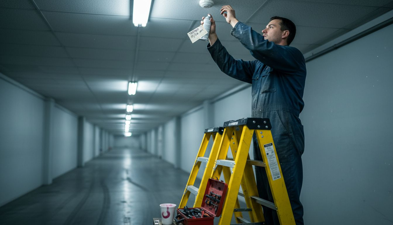 Technician testing smoke detector on ladder