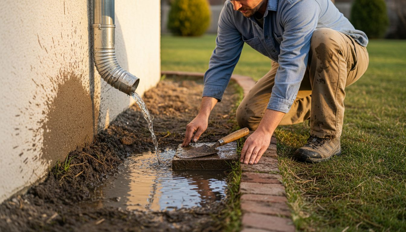Homeowner checking downspout water puddling
