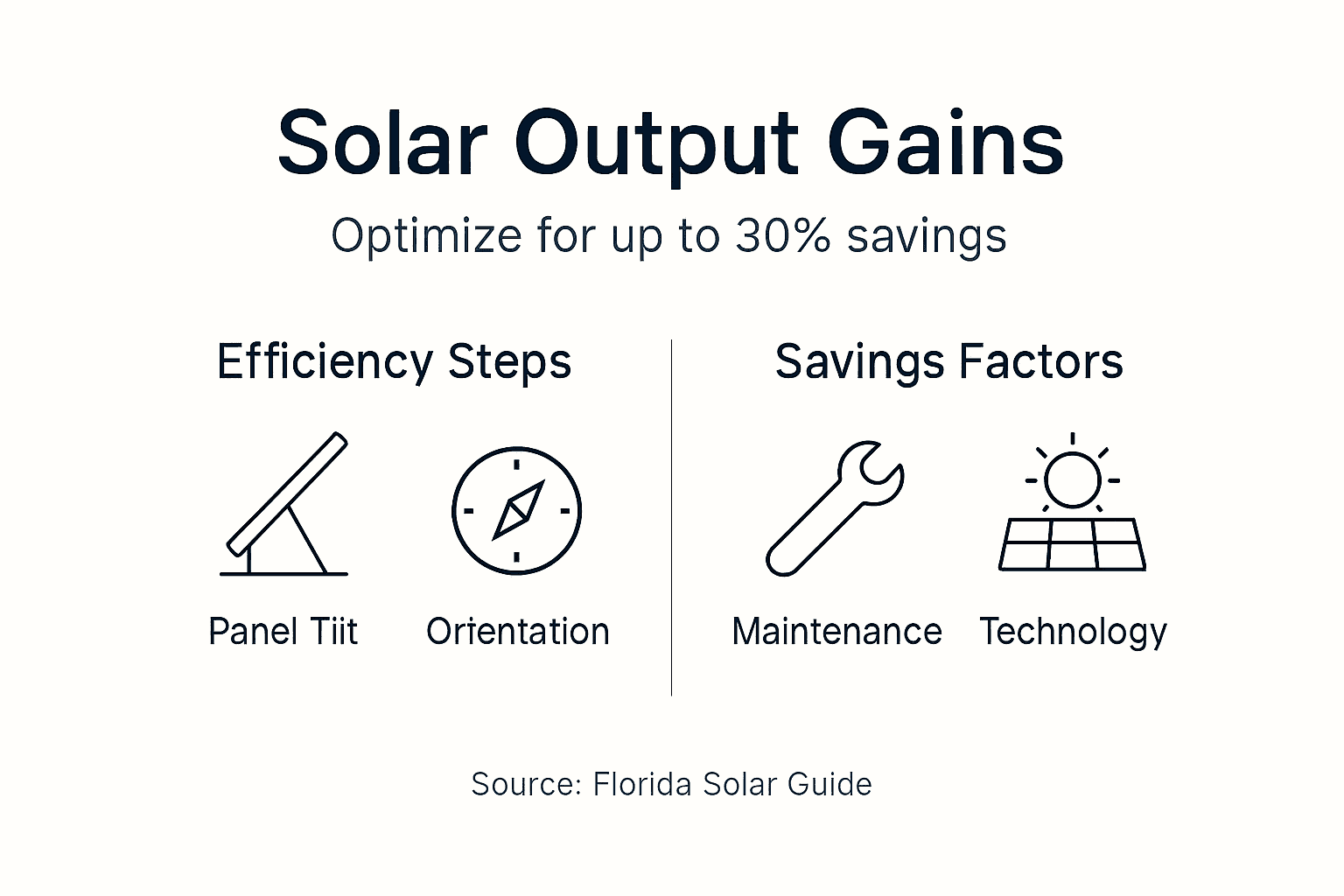 How To Maximize Solar Output in Florida by 30% for Savings 2 Infographic showing solar optimization steps and savings