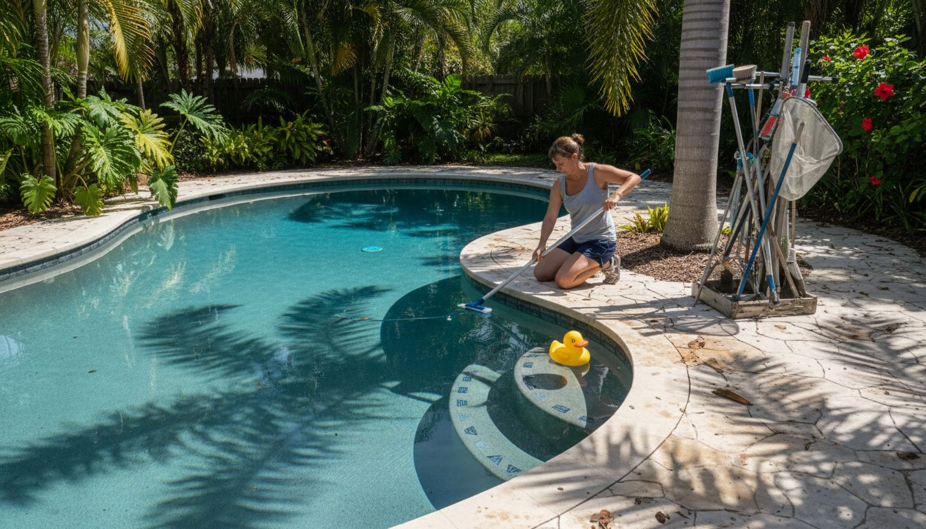 Woman cleaning curving freeform backyard pool
