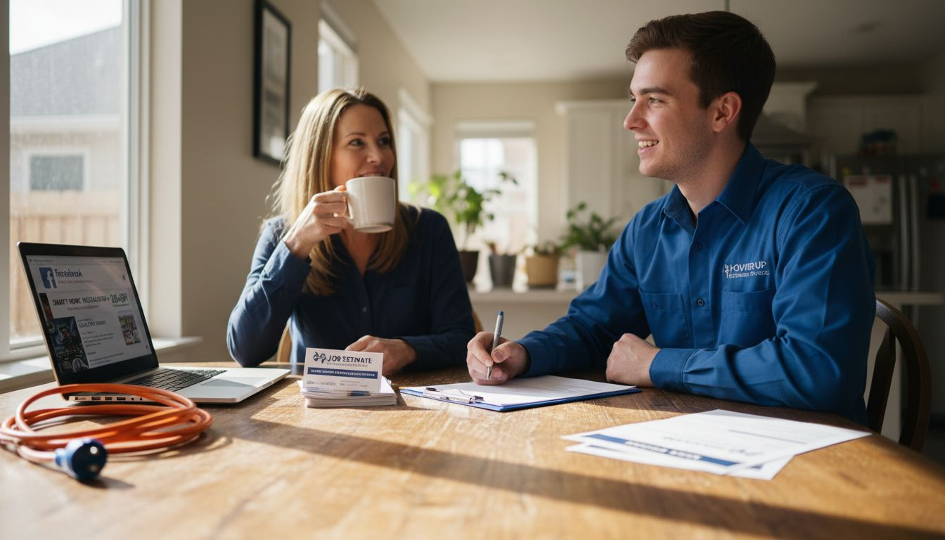 Electrician consulting homeowner with Facebook ad paperwork