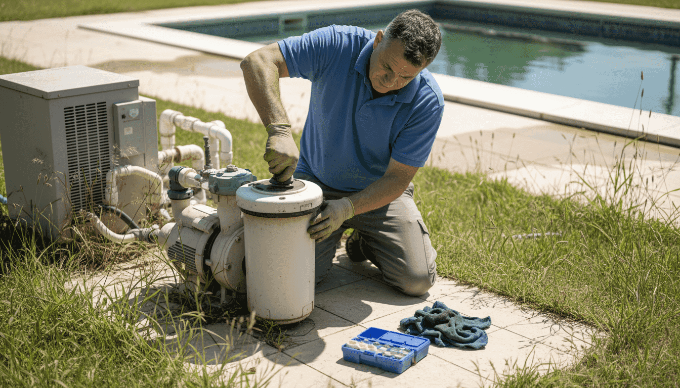 Technician inspecting a Florida pool pump