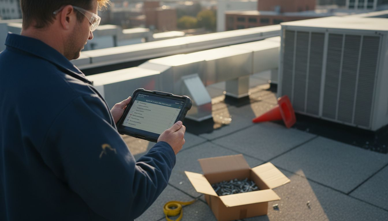 Technician using tablet for roof checklist