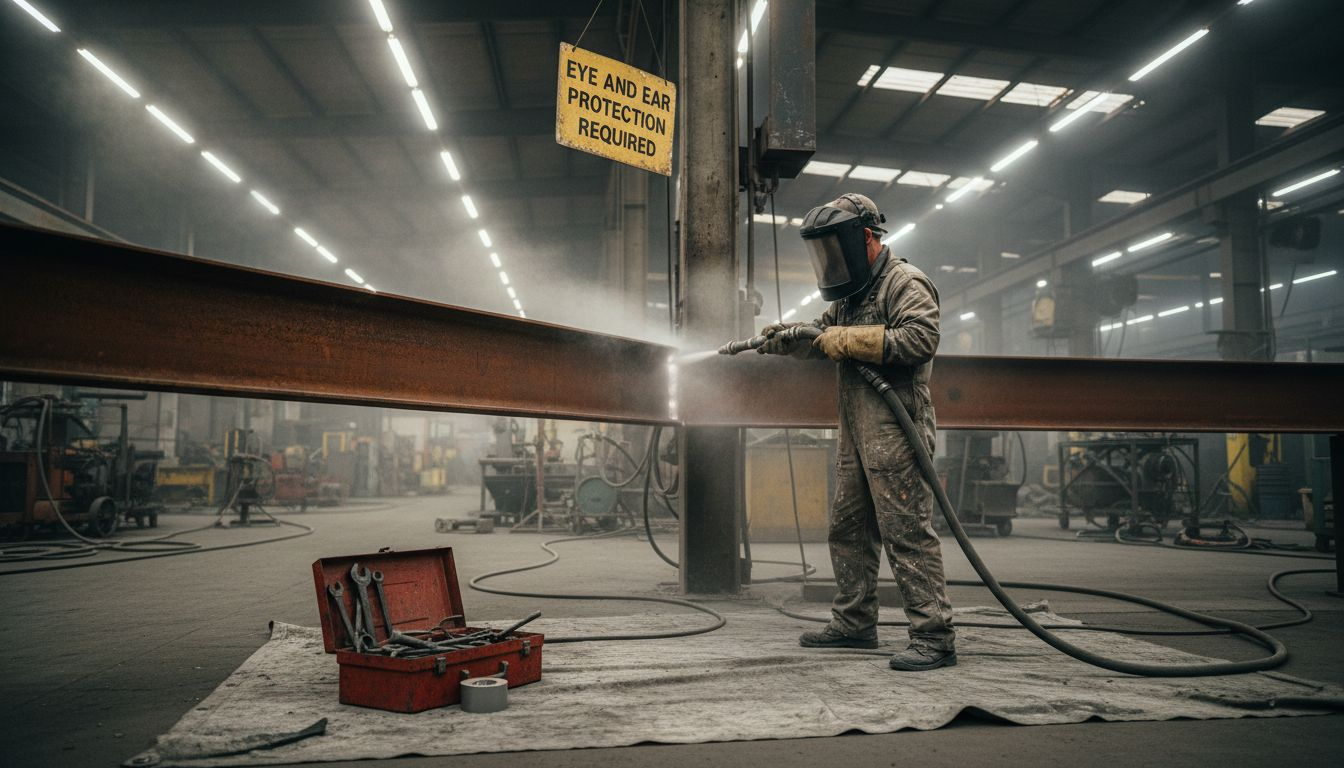 Technician sandblasting steel beam in warehouse