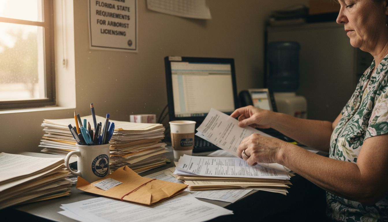 Woman handles Florida tree care licenses at desk