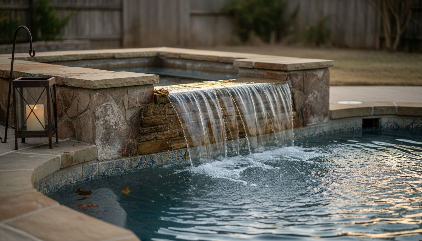 Detail of spillover spa overflowing into pool