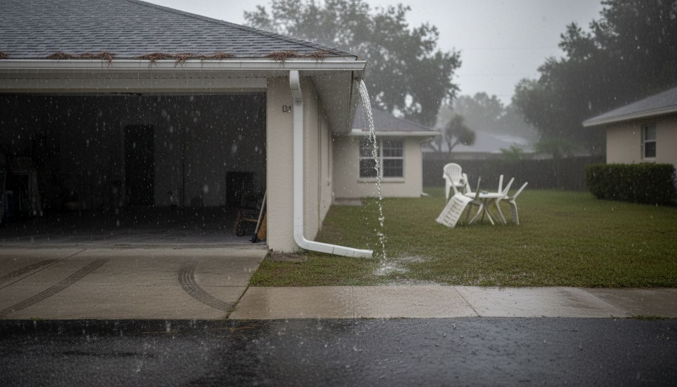 Seamless gutters channeling rainwater during storm