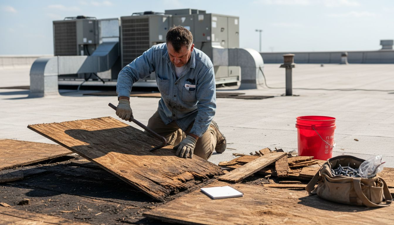 Contractor repairs damaged industrial roof decking