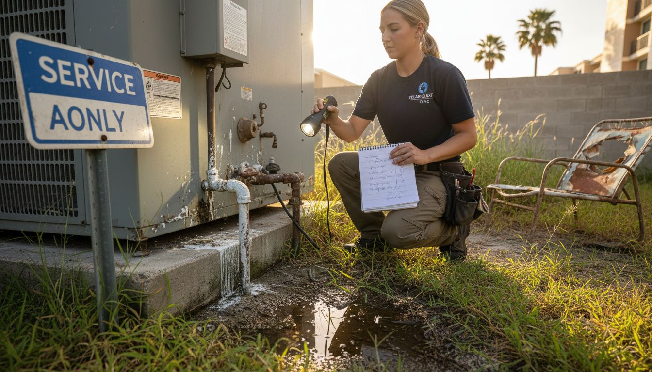 Technician checking corroded pool heater pipes