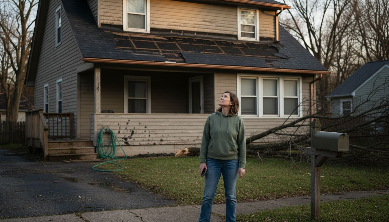 Homeowner viewing storm-damaged roof shingles