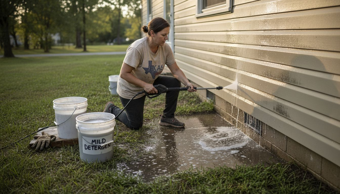 Woman cleaning siding with pressure washer