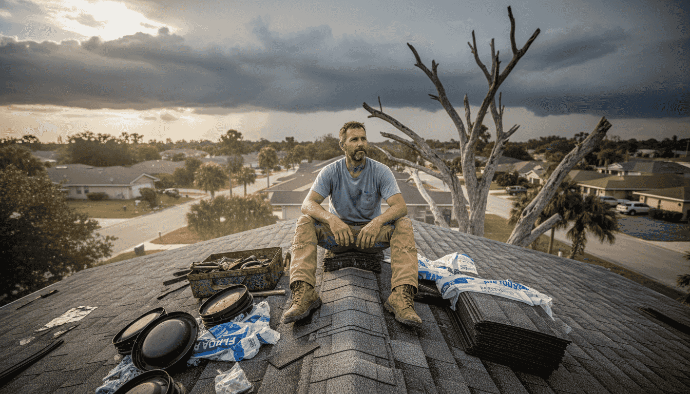 Installer sorting Florida-rated shingles rooftop