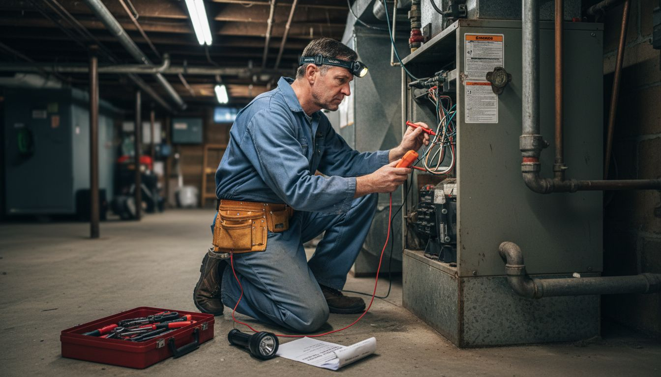 HVAC technician repairs furnace in basement