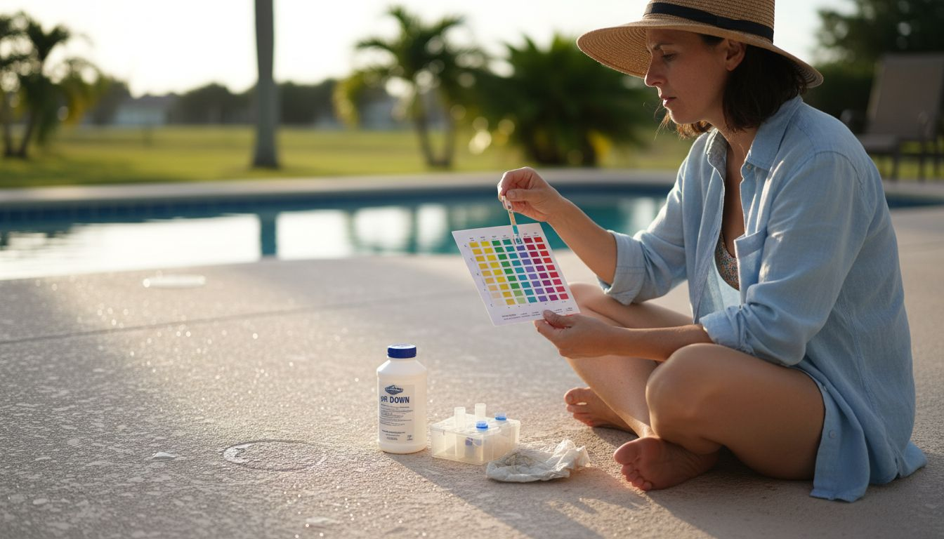 Woman comparing pool test strip to color chart