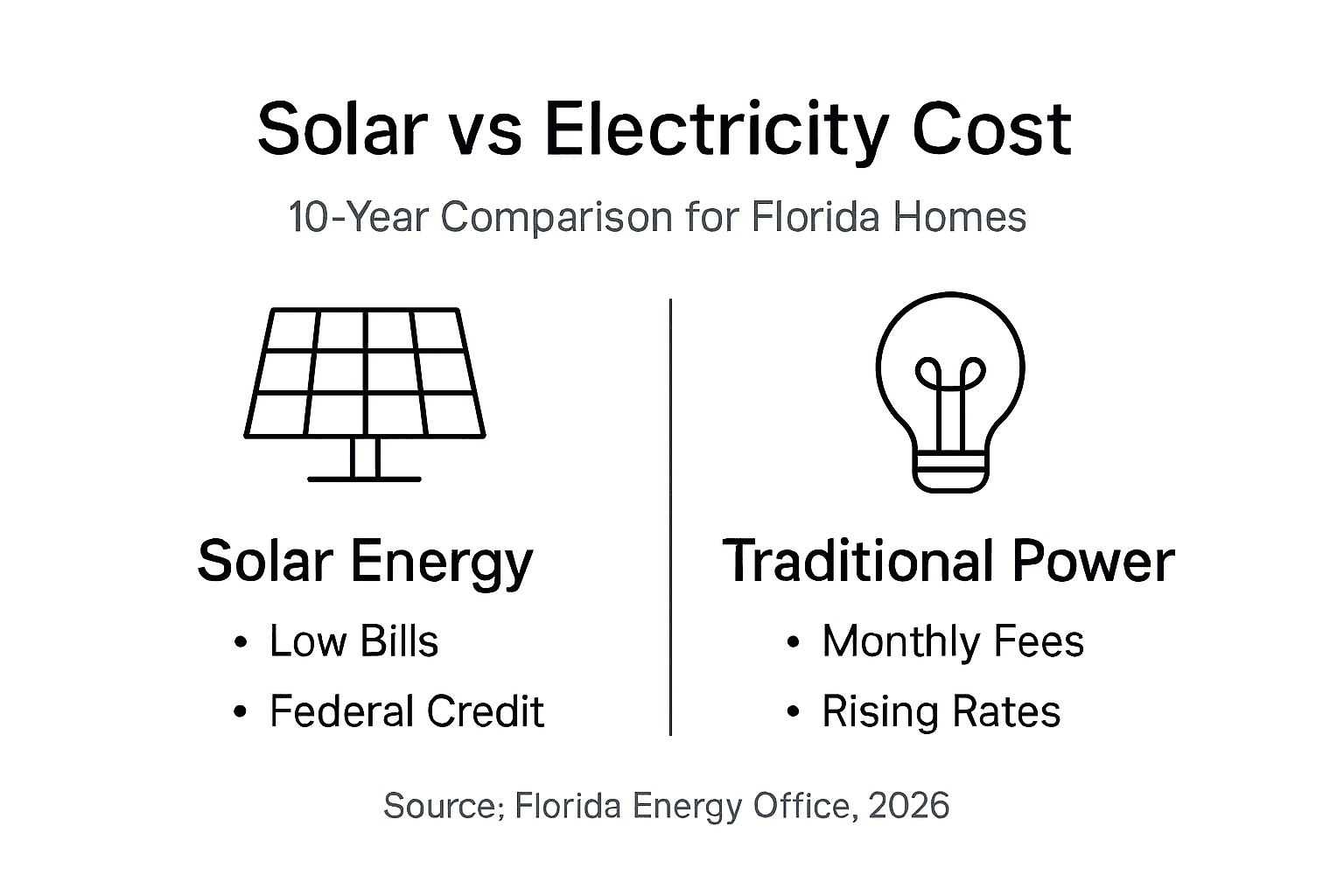 Solar vs Traditional Electricity Florida 2026: Save 60% 1 Infographic comparing solar and electric costs