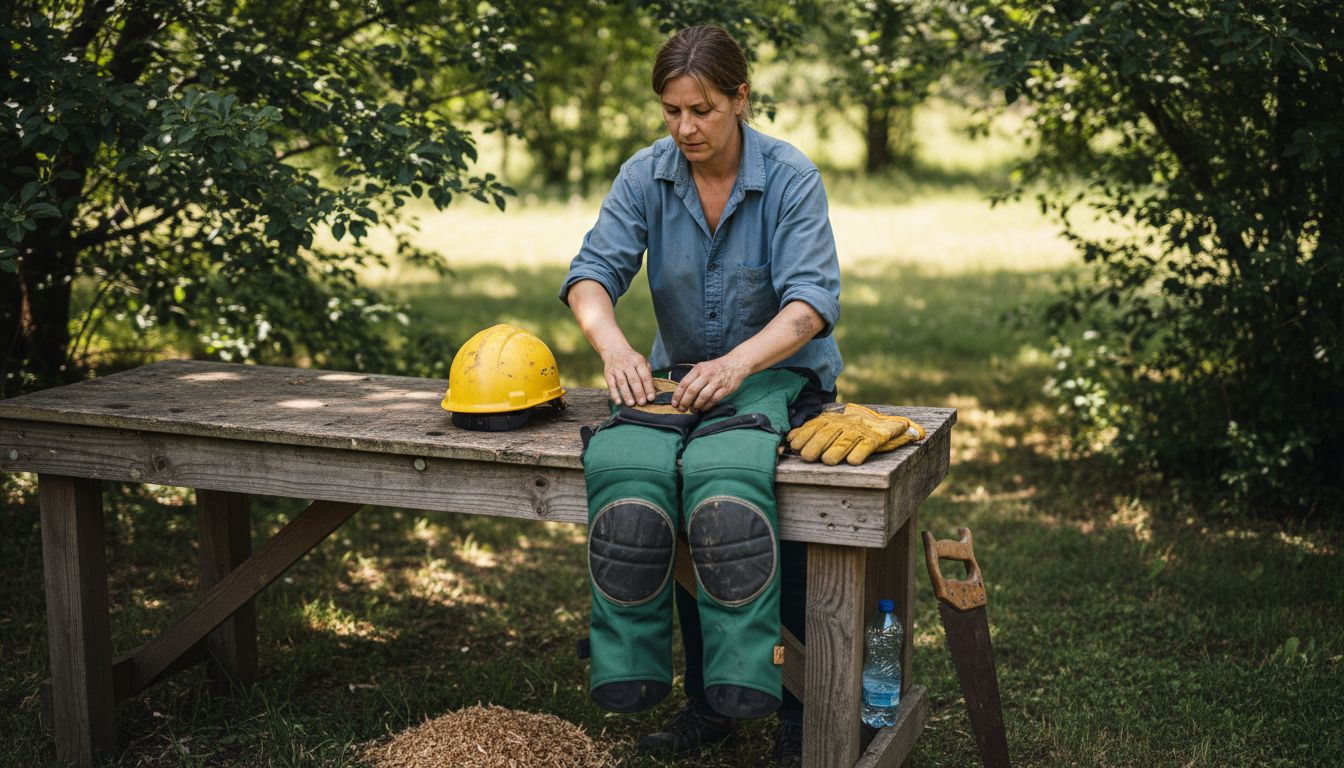 Woman setting up tree removal safety gear