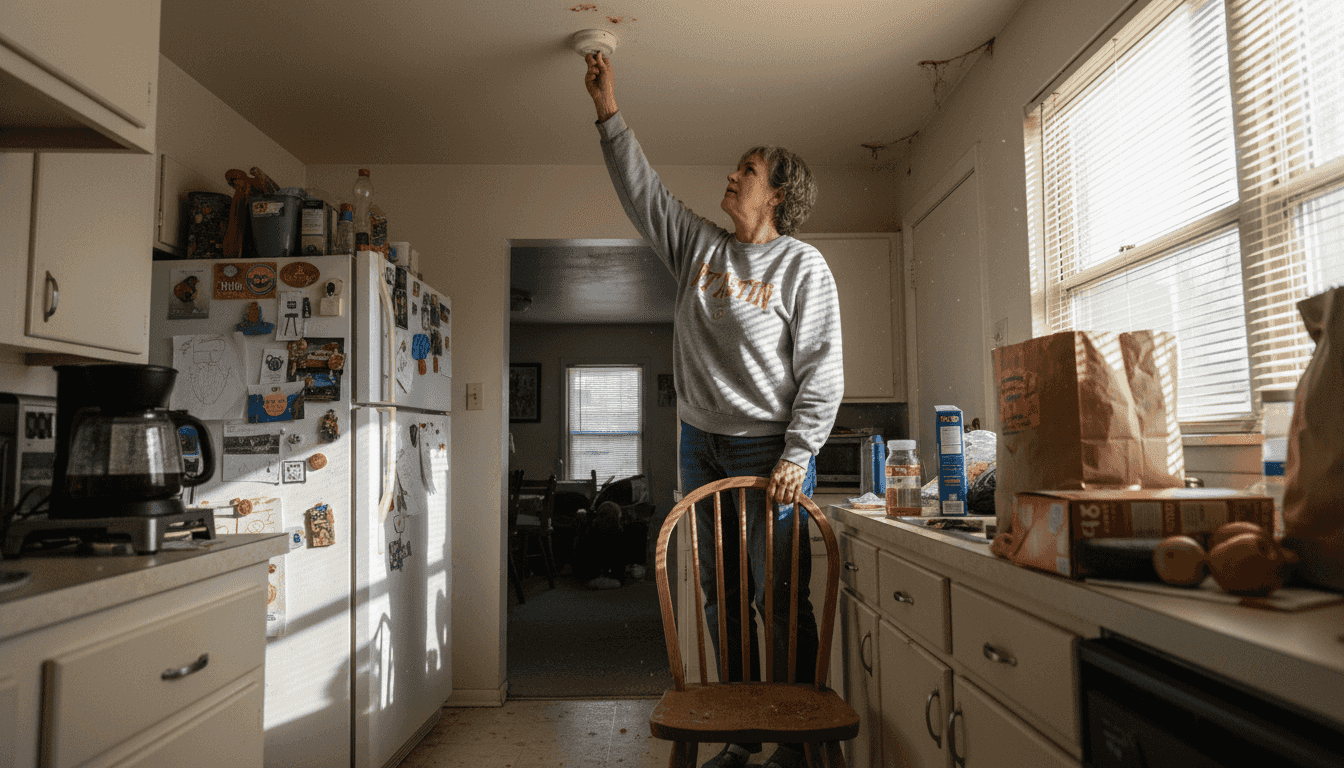 Woman testing home smoke alarm in kitchen