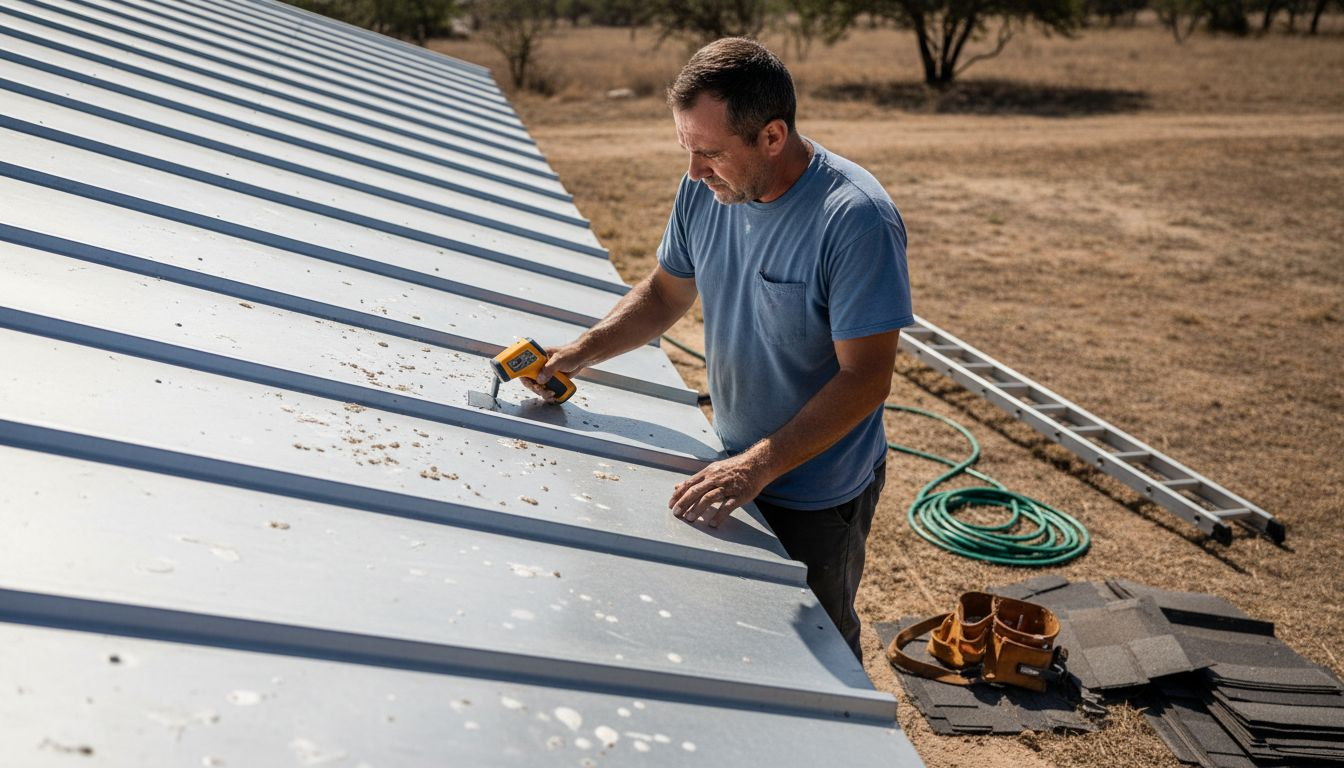 Roofer checks heat reflecting metal roofing