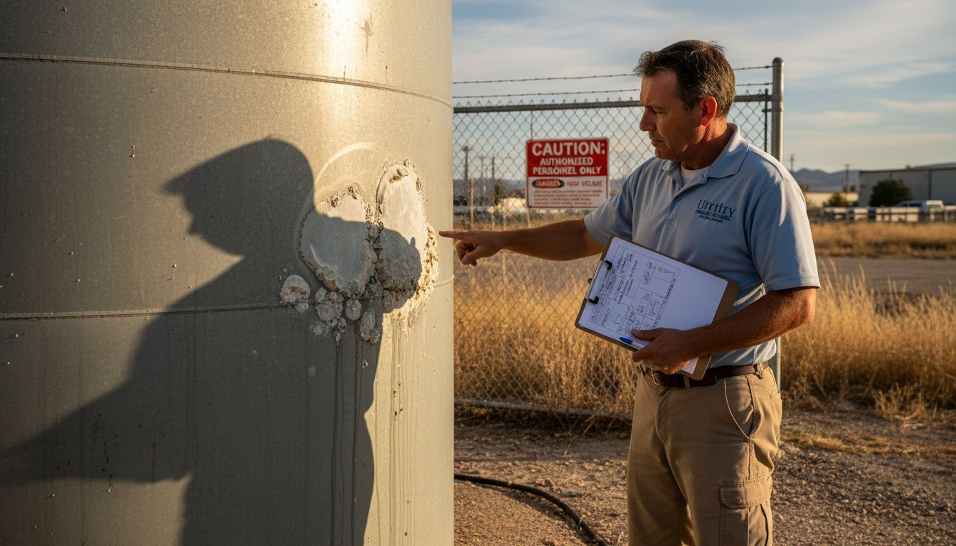 Inspector checking blisters on water tank