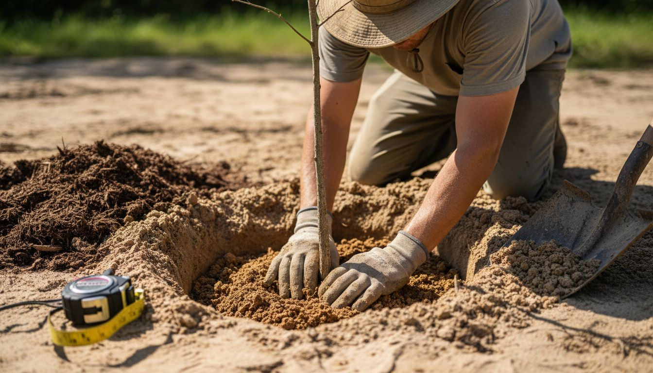 Landscaper planting tree with exposed root flare