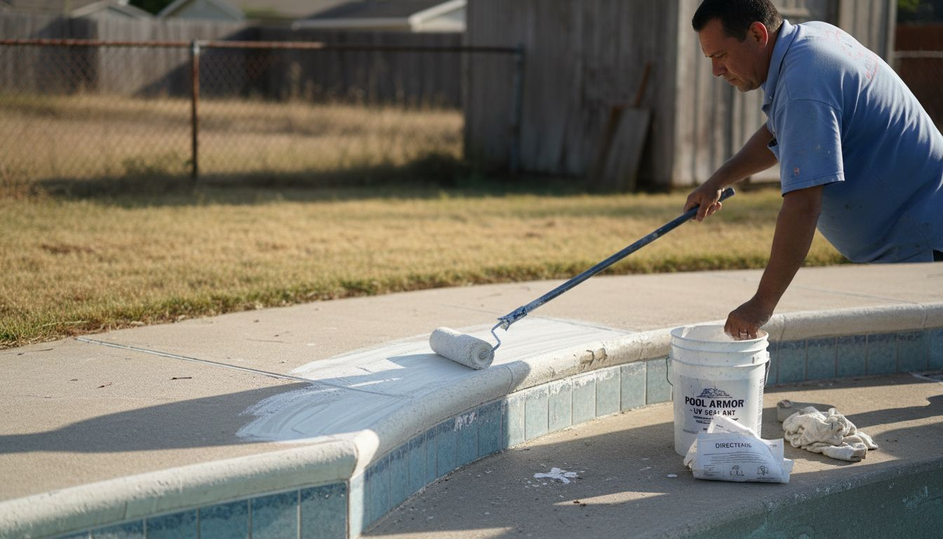 Technician applying UV-resistant sealant to pool edge