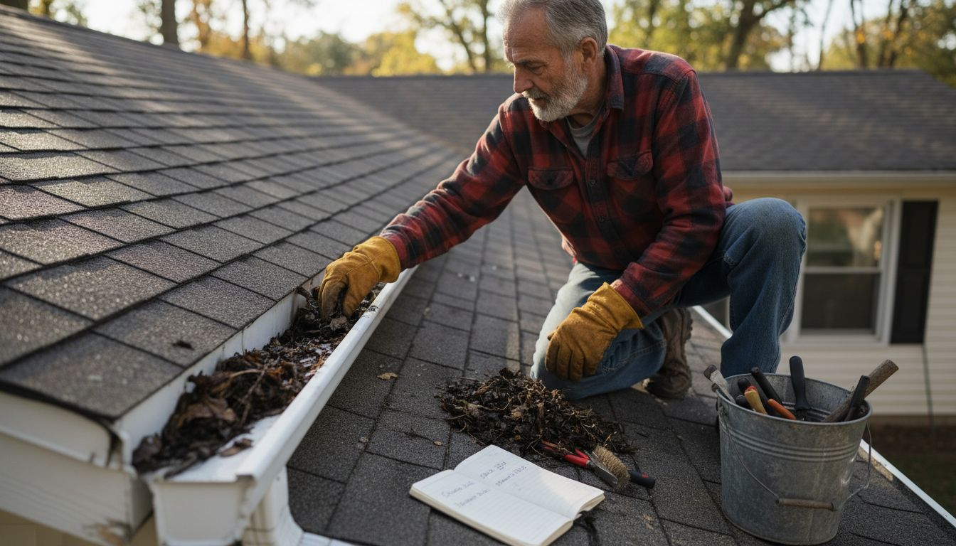 Man cleaning gutters with debris and tools