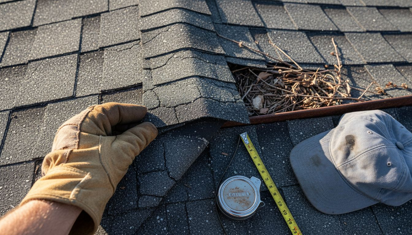 Hand inspecting sun-damaged roof shingles