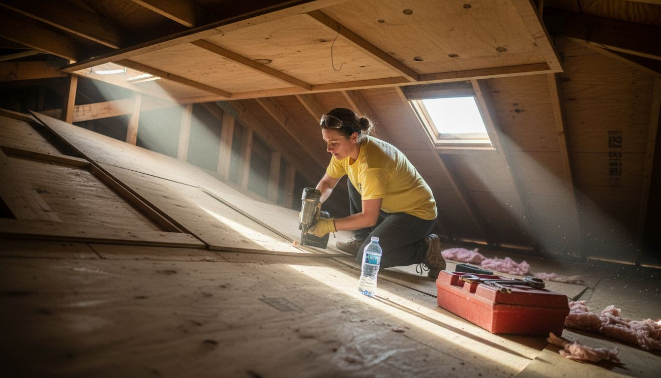 Roofer fastening panels in Central Florida attic