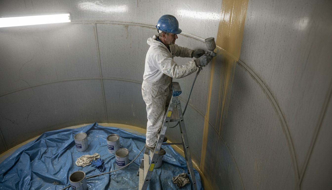 Technician applying polyurethane tank coating