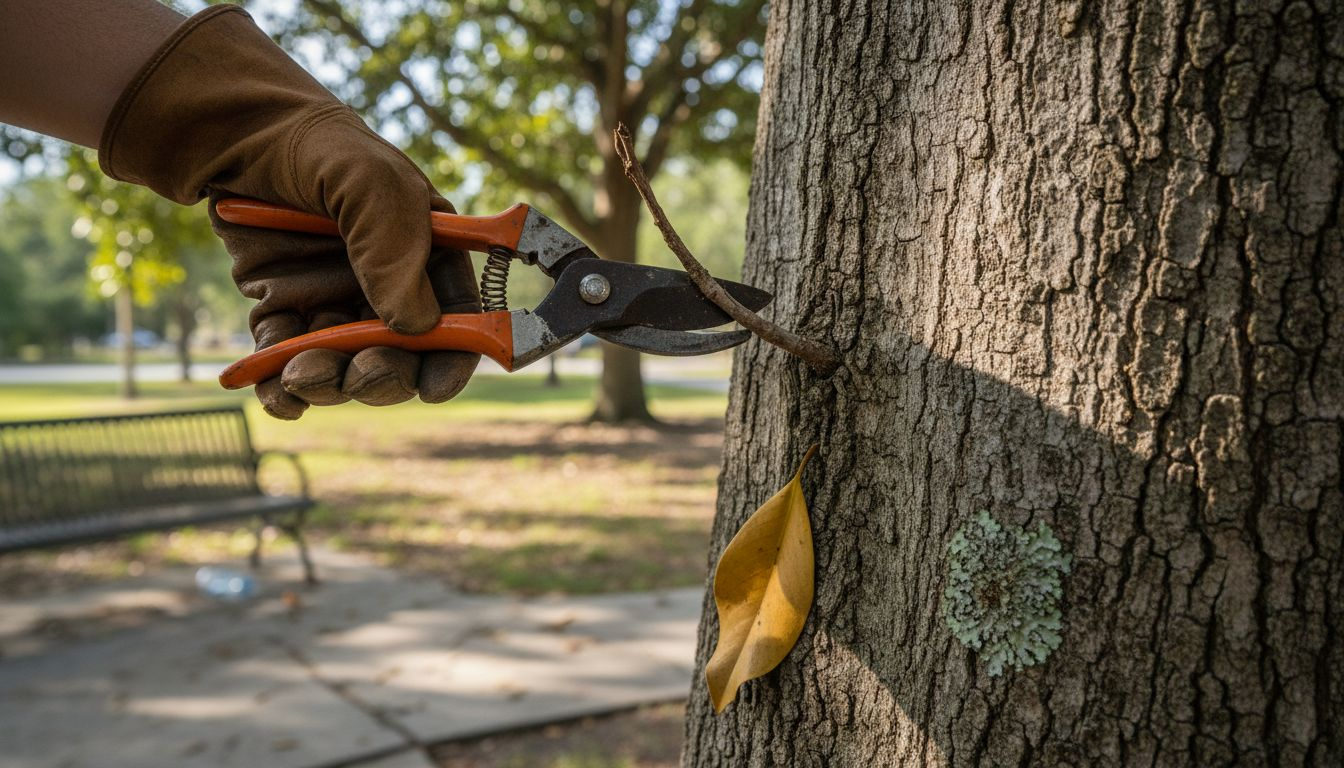 Close-up of pruning branch in park setting