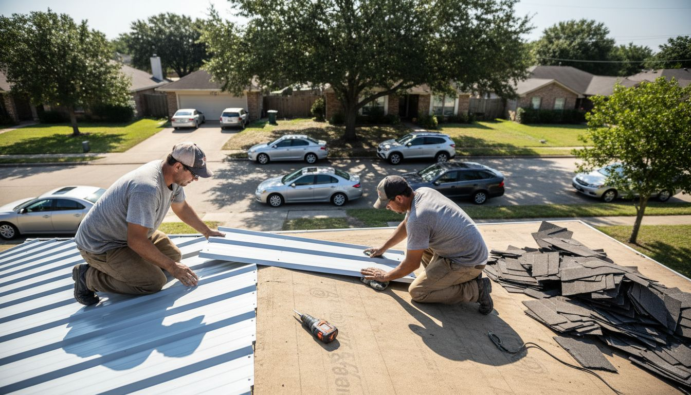 Roofers installing metal roof in Houston