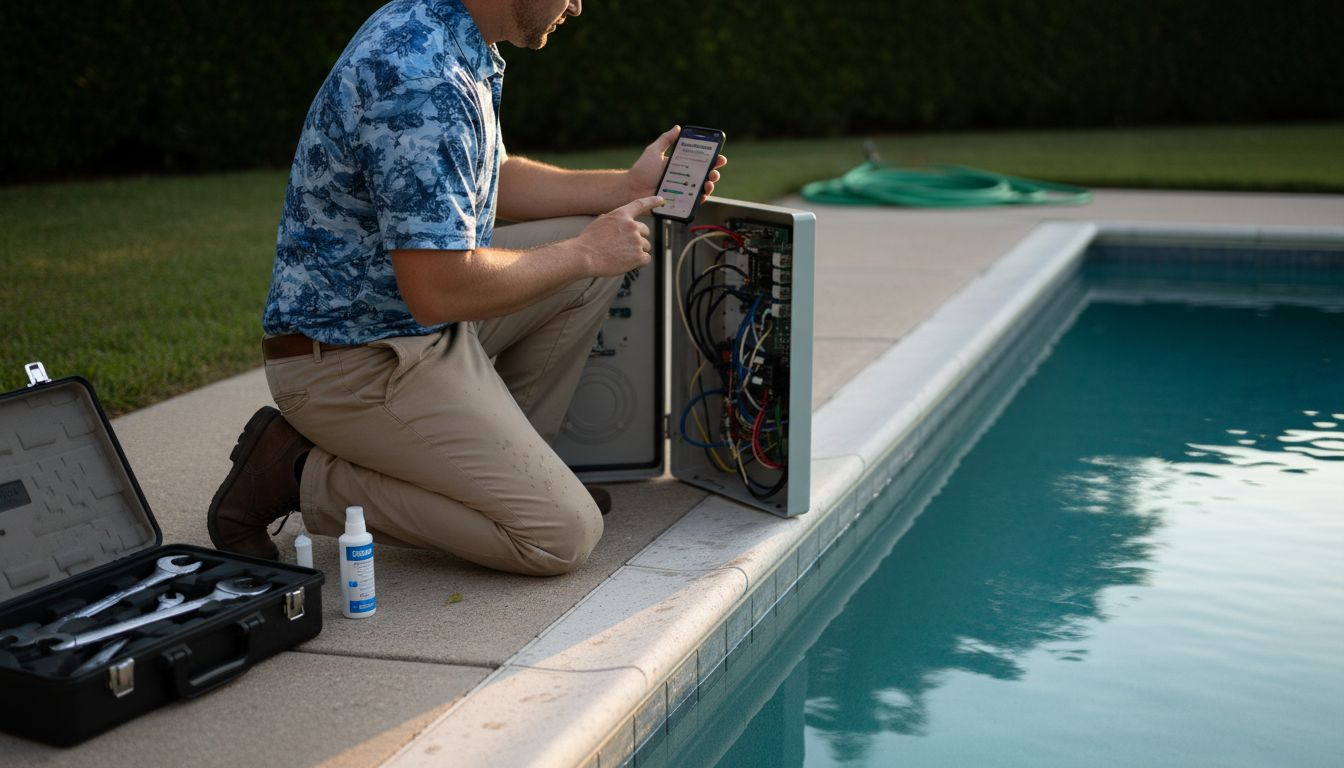 Technician using phone for pool automation